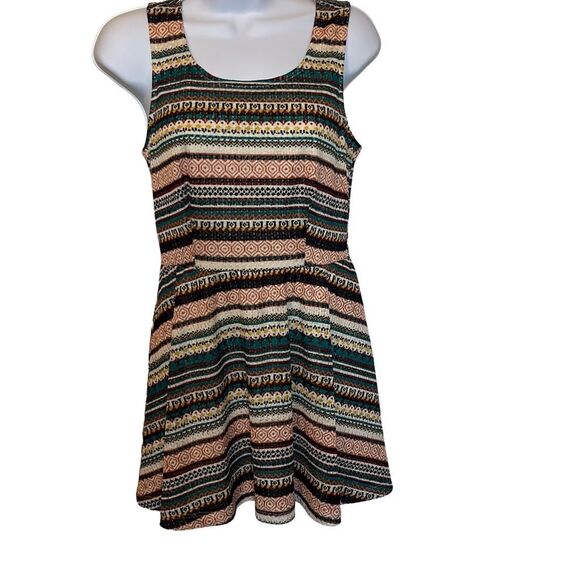 Teeze Me Juniors 3 Brown Tan Stripe Aztec Print Scoop Neck Fit And Flare Dress - Picture 1 of 8